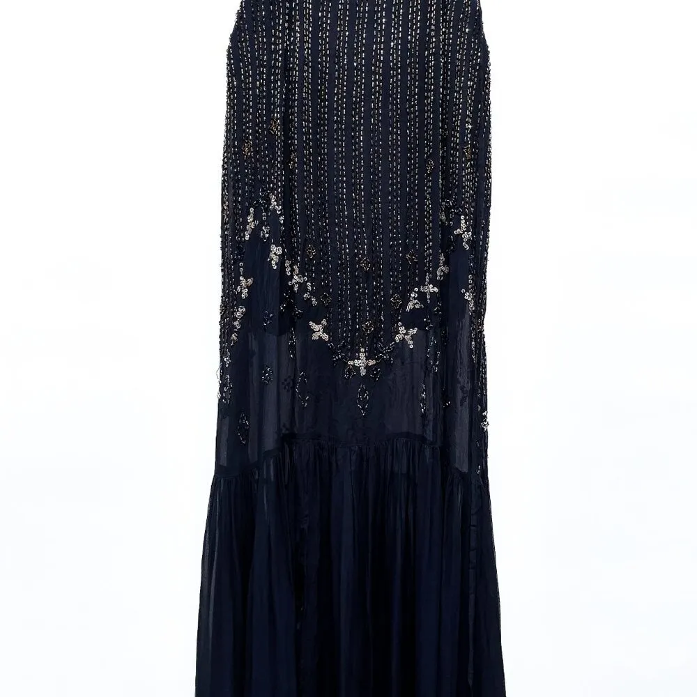 Free People Beaded Sequin Plunging Midnight Navy Tulle Gown Maxi Dress 12 - Image 12