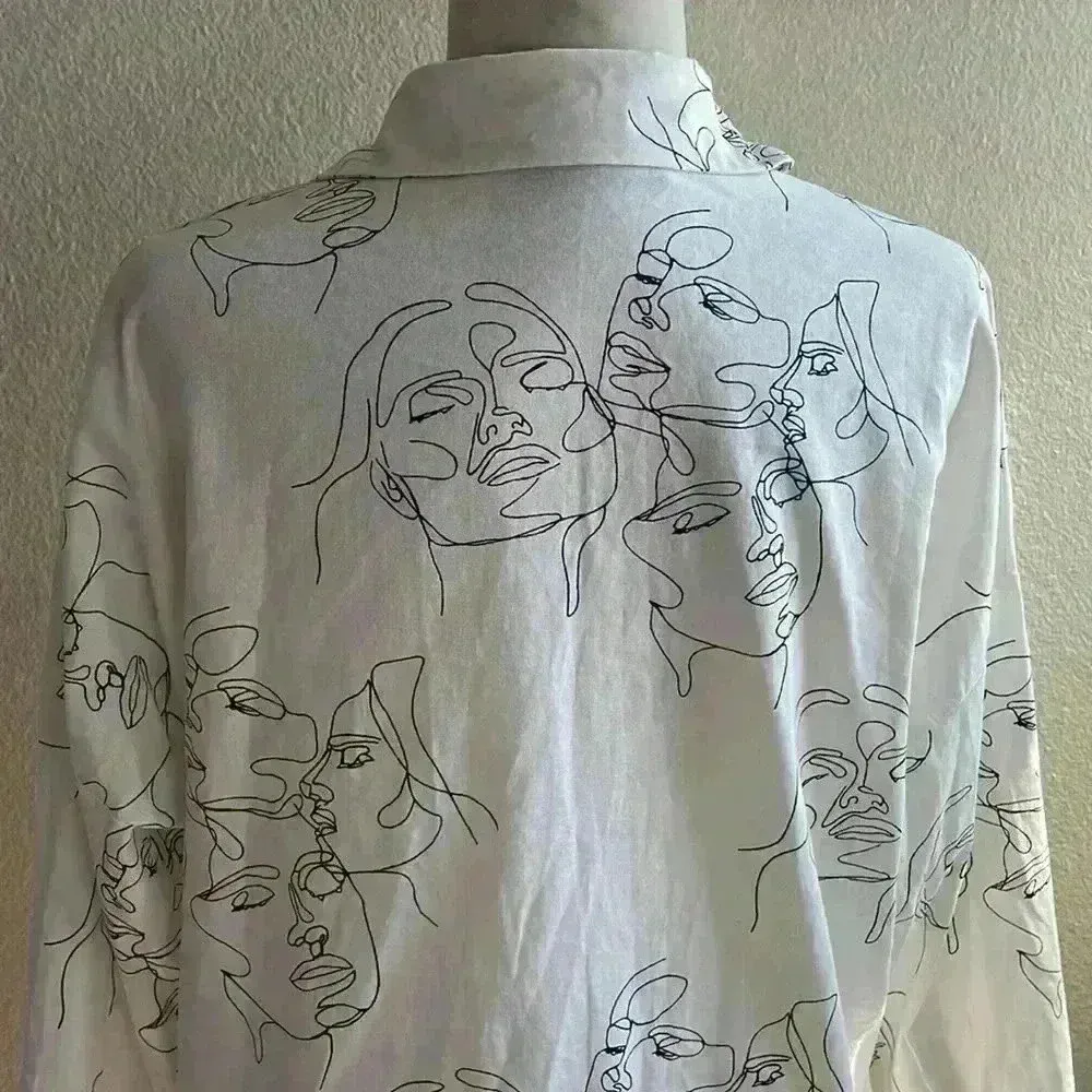 Ladies funky abstract faces‎ Print shirts women sketch print blouse casual shirt White Size undefined - Image 6