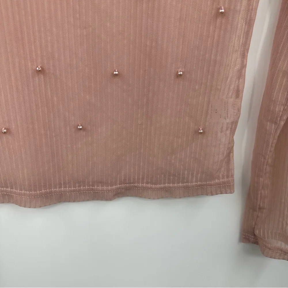Dizzylizzy Blush Pink Sheer Pearl Long Sleeve Shirt Size Medium - Image 3