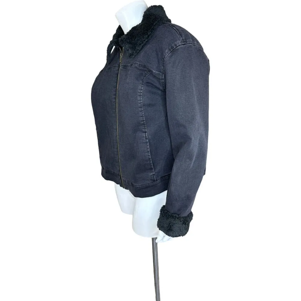 Isaac Mizrahi Live! Black Denim Jacket W/ Faux Shearling Lining Black Medium - Image 4