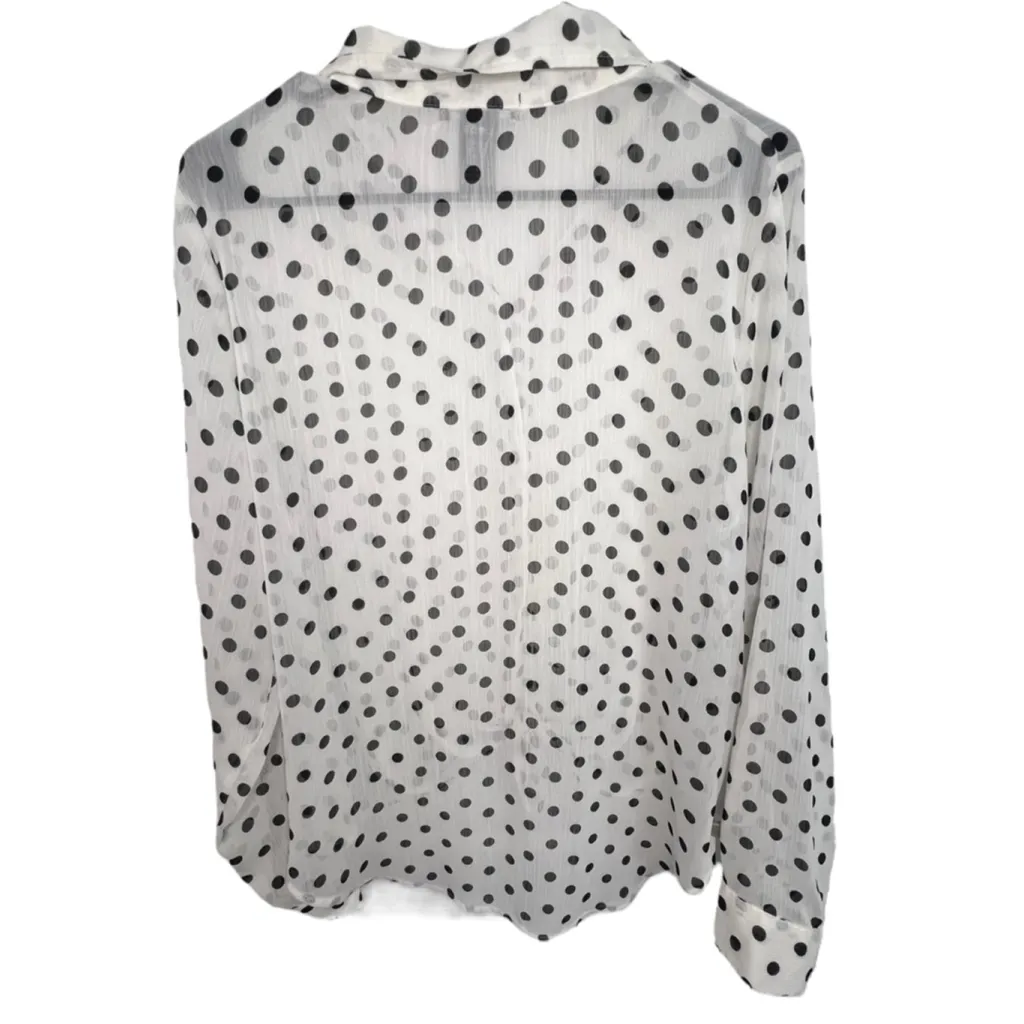About A Girl Sheer Black And White Polkadot Long Sleeve Button Up Blouse - Image 5