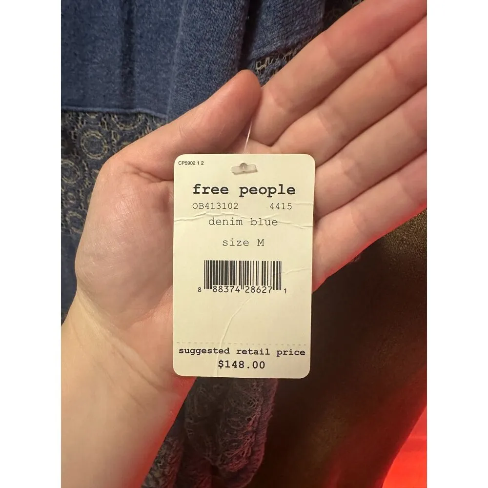 NWT Free People Crochet-Lace French Terry Poncho Distressed Size Medium Blue - Image 3