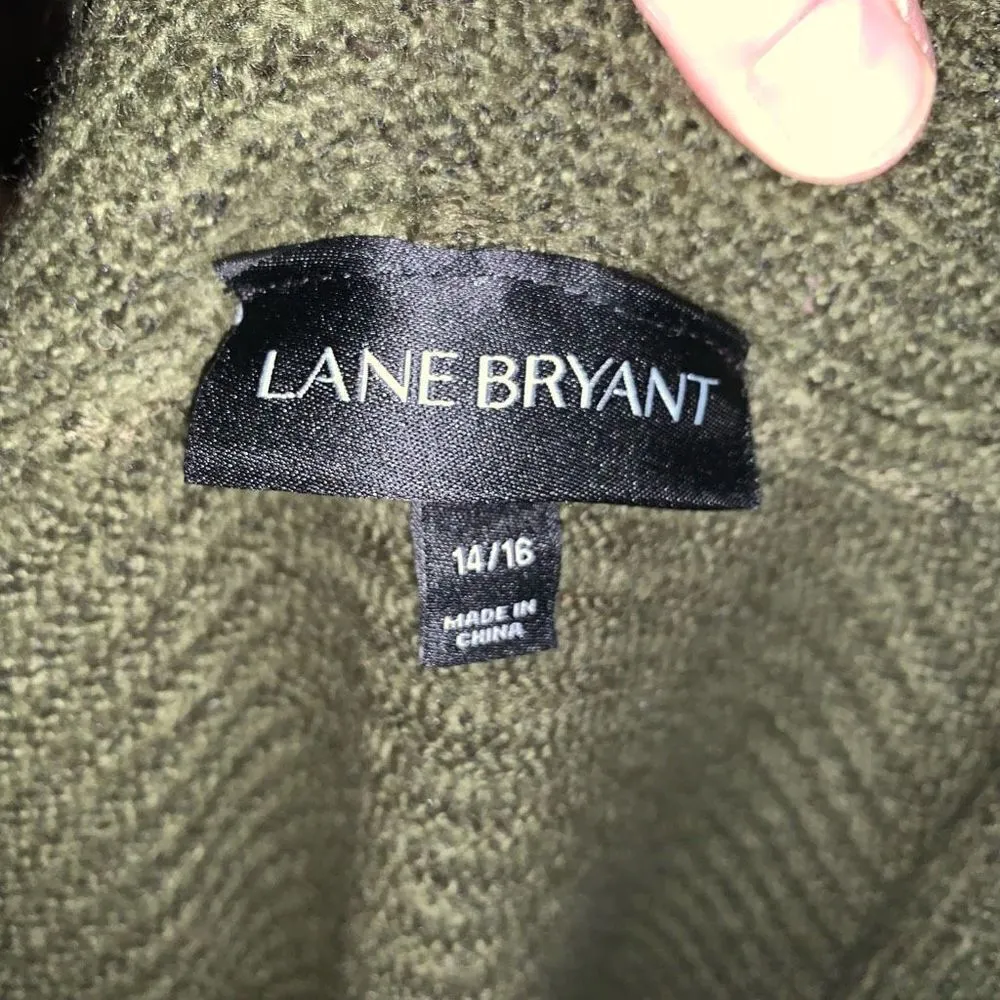 Lane Bryant olive green brass button long crocheted 14/16 vest - Image 3