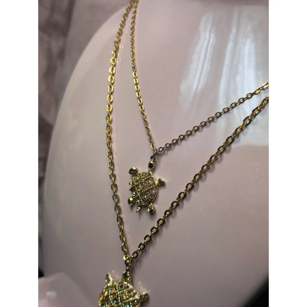 Vintage Gold Jeweled Turtle Mother Baby Layered Pendant Necklace - Image 3
