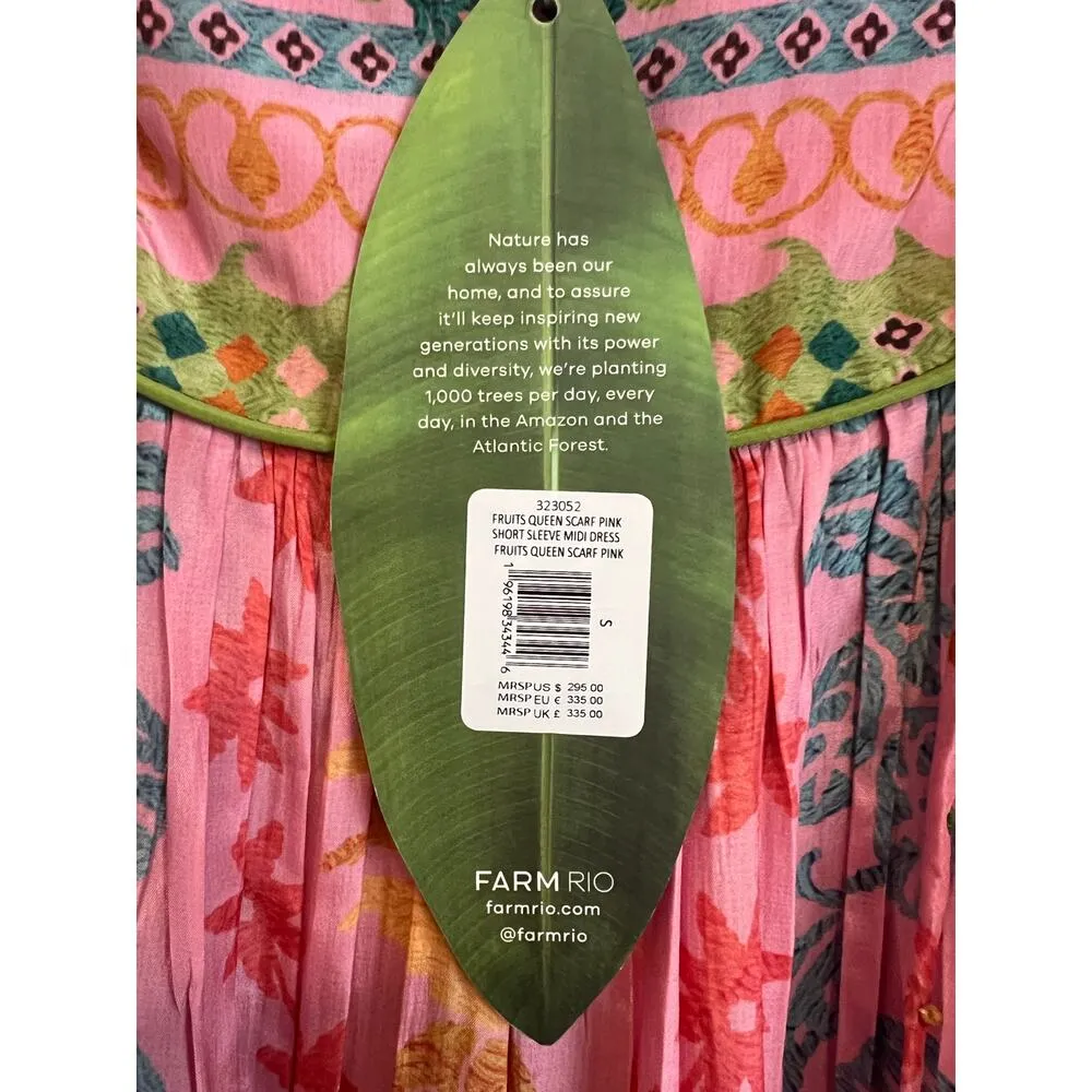 Farm Rio Fruits Queen Scarf Pink Short Sleeve Midi Dress Womens Small Boho NWT - Image 6