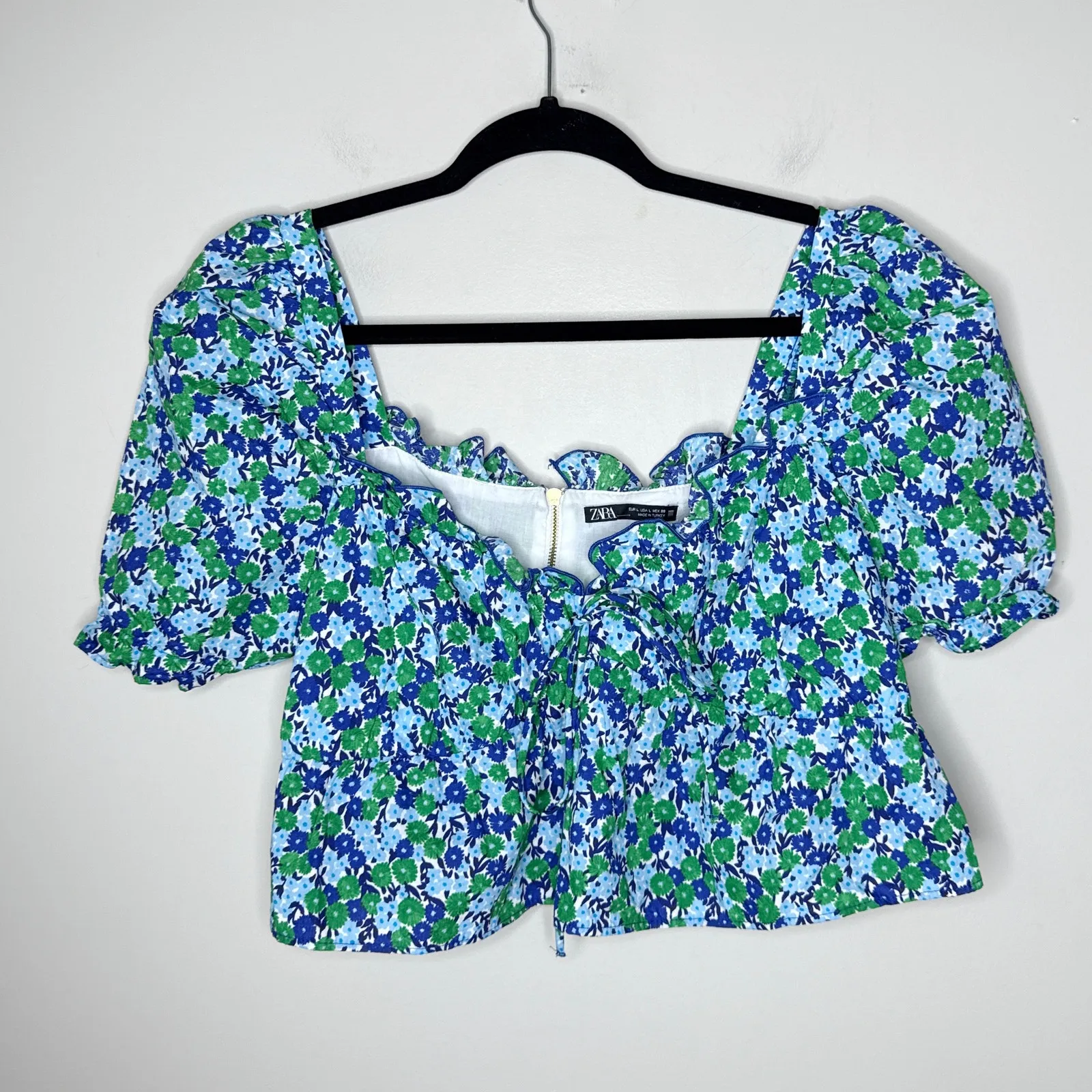 Zara Women's‎ Puff Sleeve Sweetheart Neckline Peplum Cropped Floral Top Large - Image 2