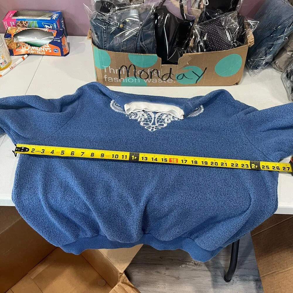 Vintage Bonworth Blue Double Collar Fuzzy Crewneck Sweatshirt 90s Womens Large - Image 5