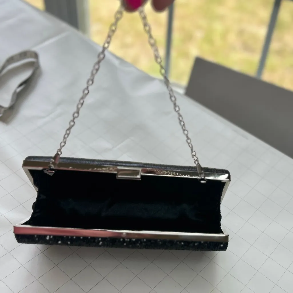 Formal Clutch Handbag Black Crushed Glass Stone Chain Strap cocktail - Image 4