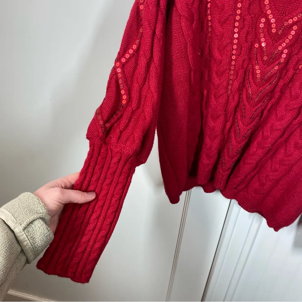 Boston Proper Red Sequin Cable V Neck Sweater Size xl Christmas holiday Winter - Image 4