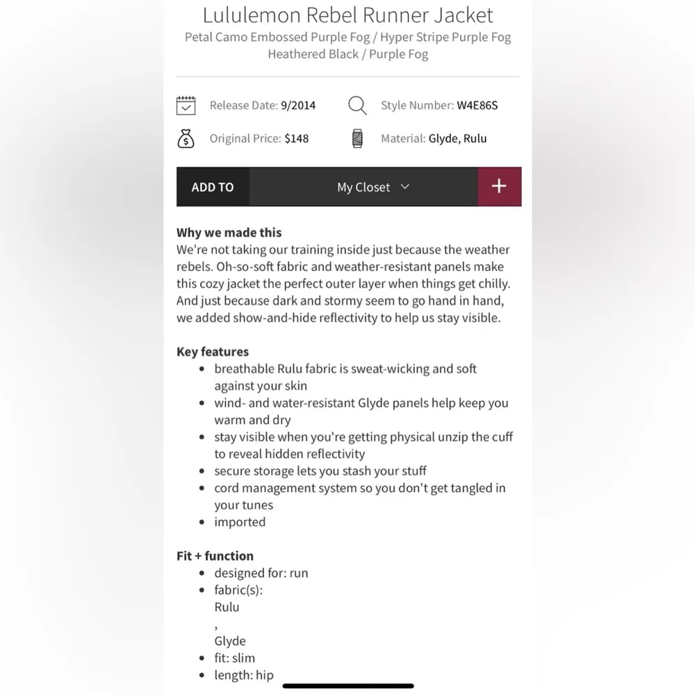 Lululemon Rebel Runner Jacket Heathered Black/Purple Fog Size 4 - Image 3