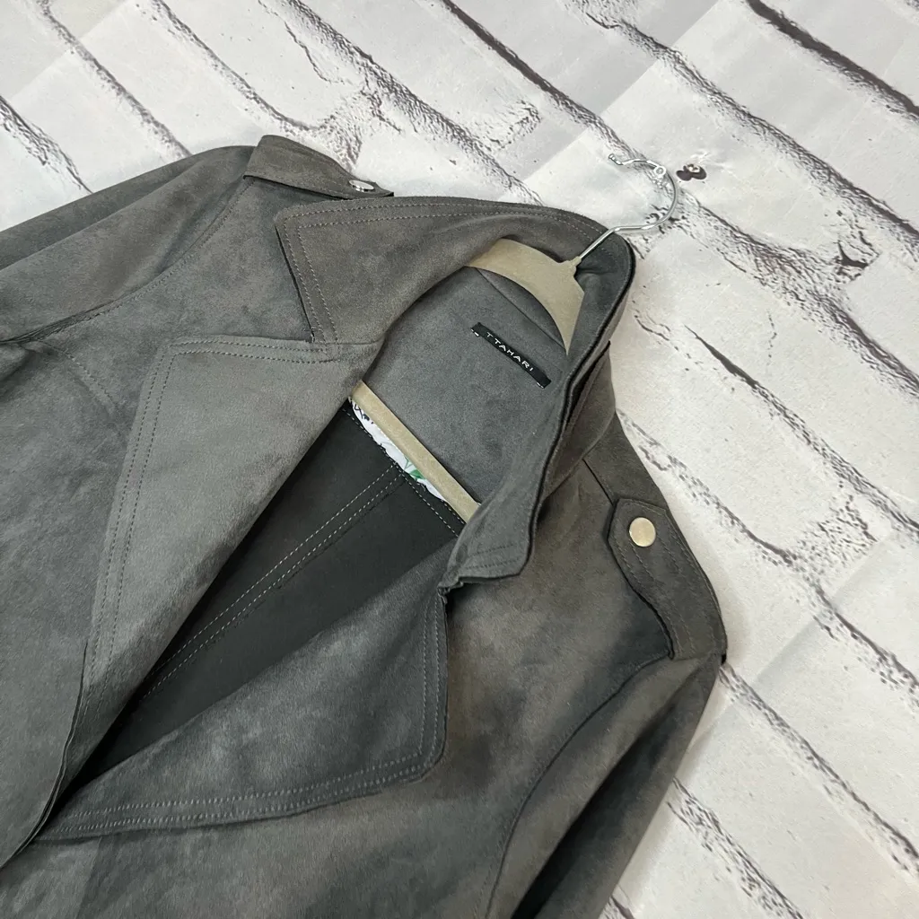 Tahari Faux Leather Biker Moto Jacket Charcoal Grey Relaxed Zip Pockets M Lined - Image 7