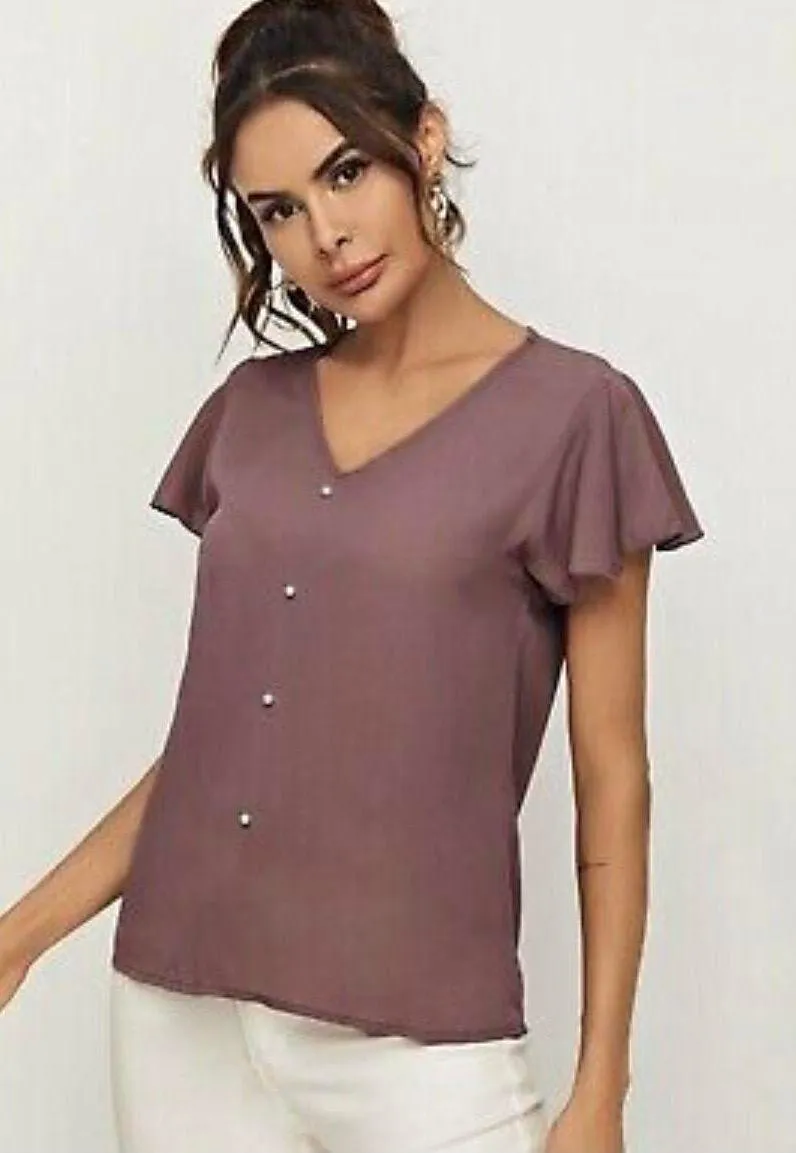 NEW SZ XL Beautiful Mauve Flutter Sleeve Blouse W Pearl Faux Buttons - Image 3