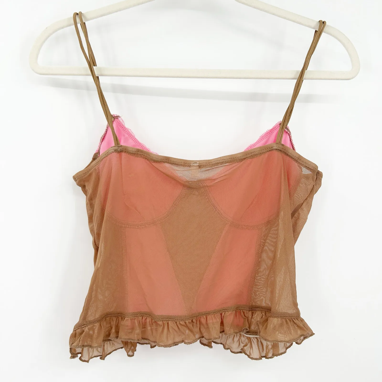 Womens Coquette Y2K Sweetheart Neck Ruffled Sheer Mesh‎ Lace Cami Corset Top L Pink Size L - Image 7