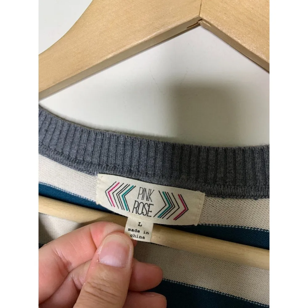 Pink Rose Sweater Womens Large Round Neck Striped Blue Aegean Pullover - Image 6