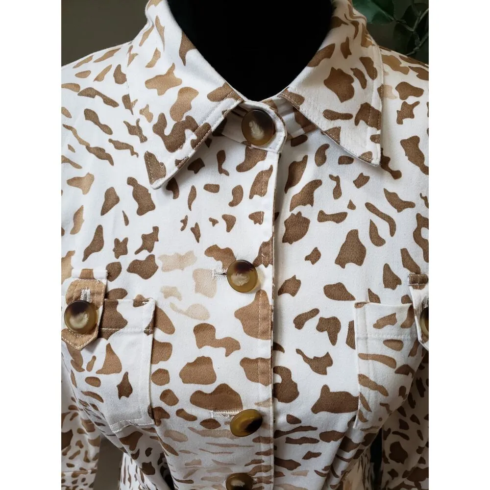 Carole Little Women's Size 14p White/Brown Jacket Tie Belt Pockets Animal Print Brown - Image 3