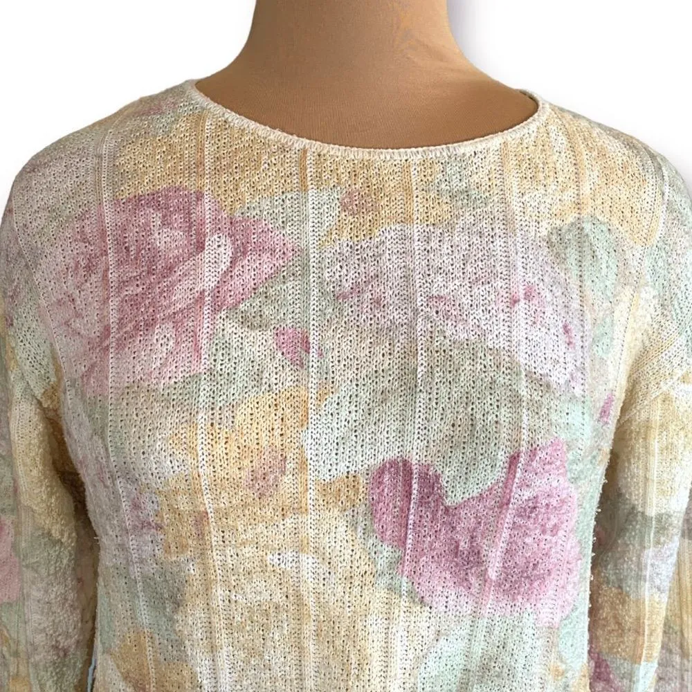 Vintage 90s Sweater Rose Flower Detail Pink Light Yellow Knit Pullover Crewneck Size M - Image 2