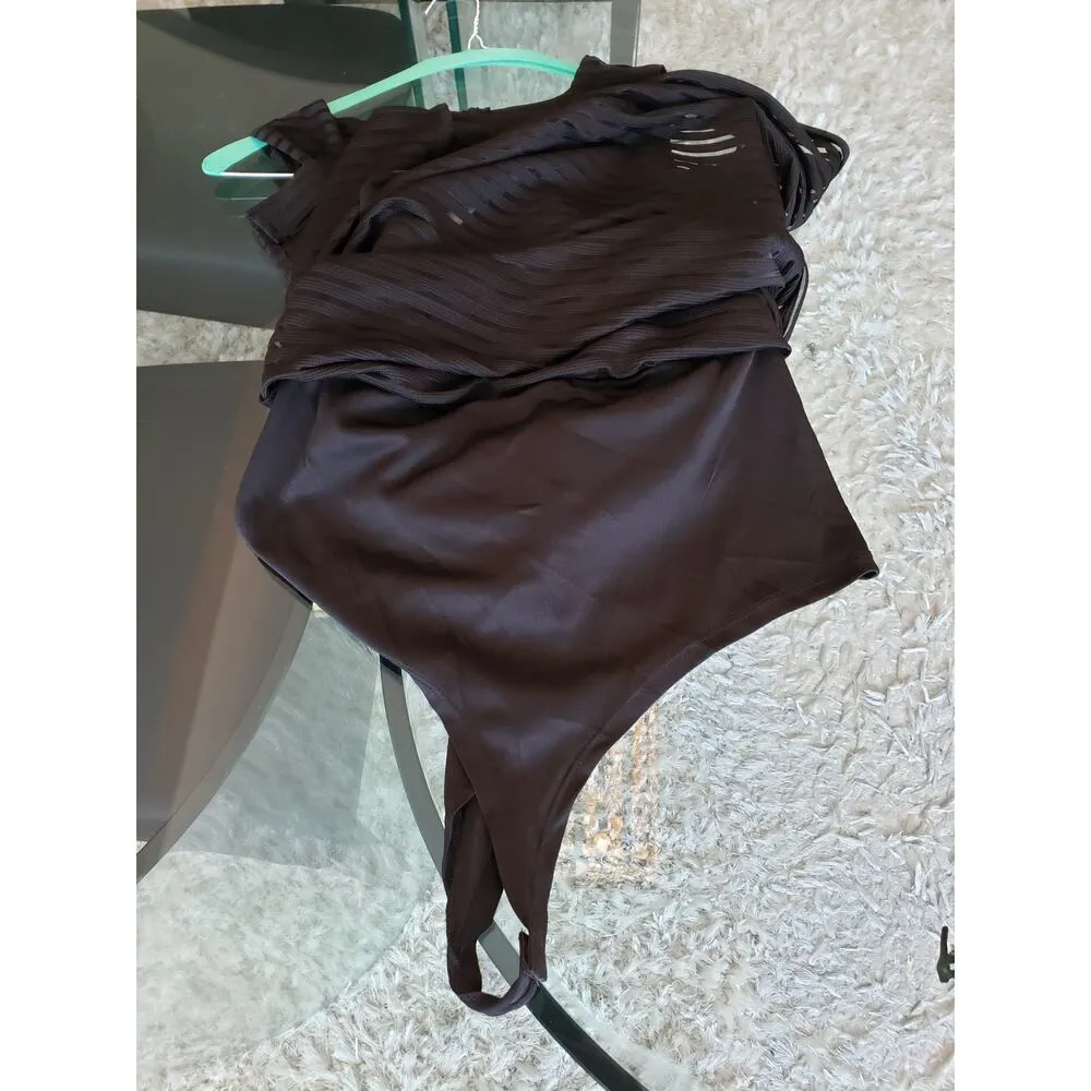 Haute Monde Sheath Dress Womens L Black Mesh Striped Lined Deep V Neck Back Zip - Image 9