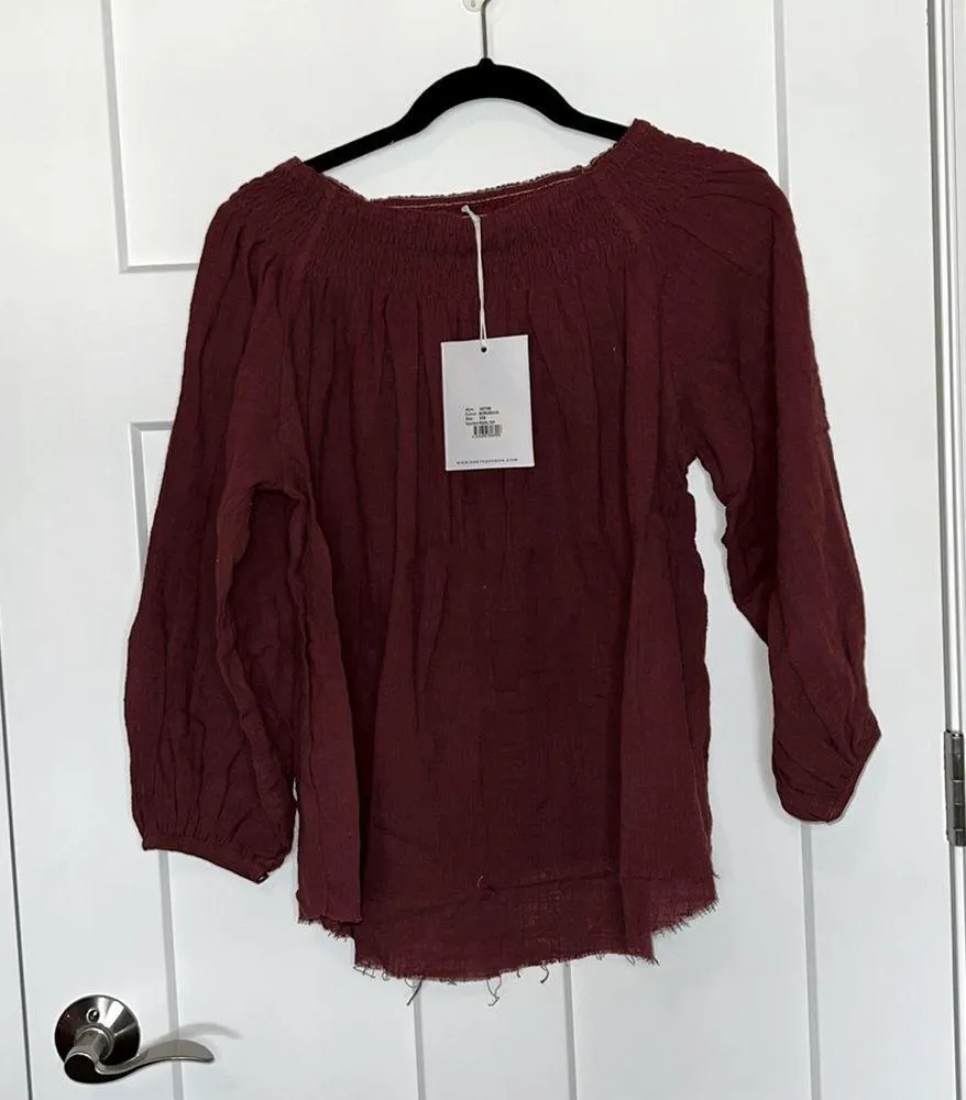 NWT  Tahitian Pearl Off Shoulder Raw Hem Top - Bordeaux - Image 2