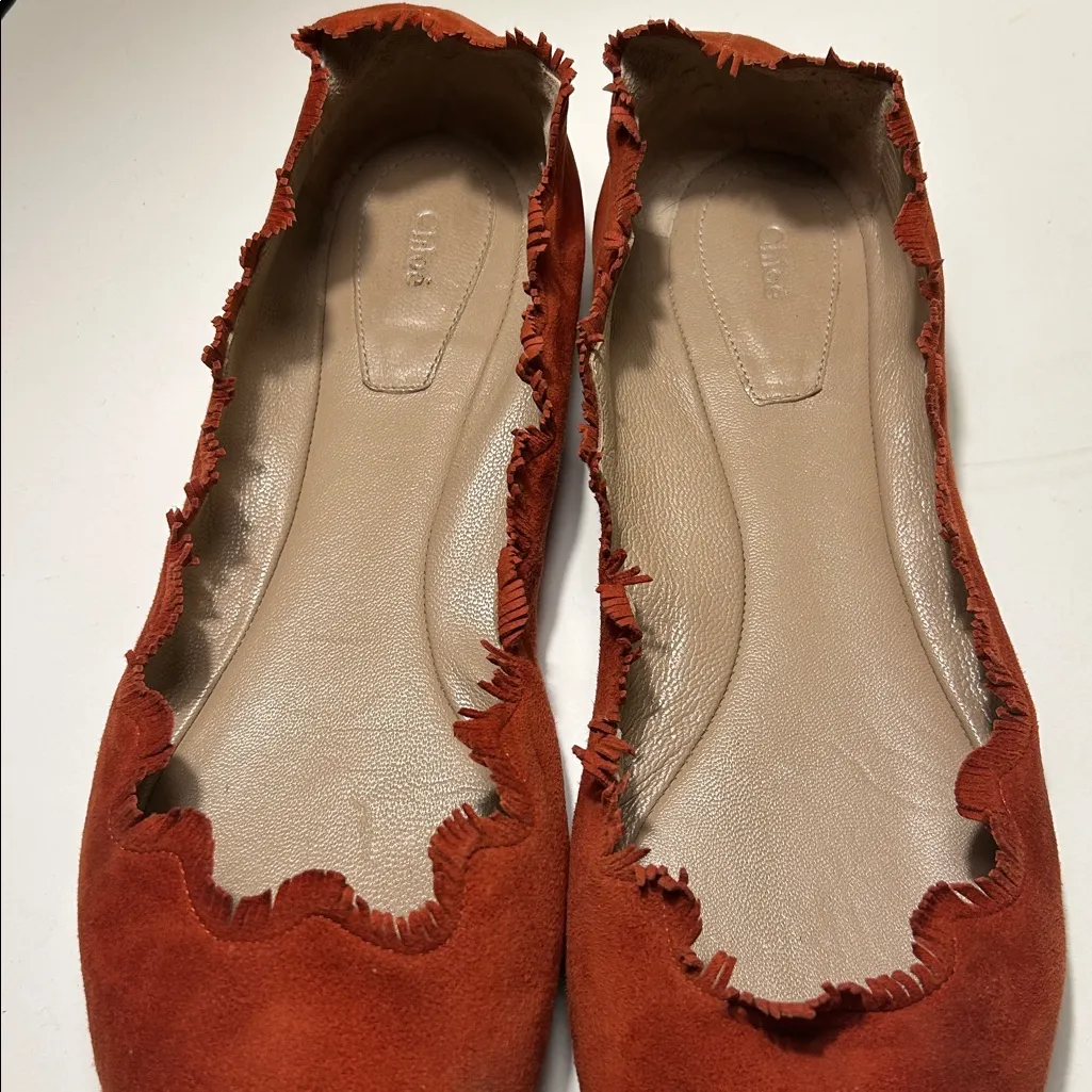Chloe Lauren Ballerina Ballet Flats Suede Leather Scalloped Trim Rust Orange 10 - Image 6