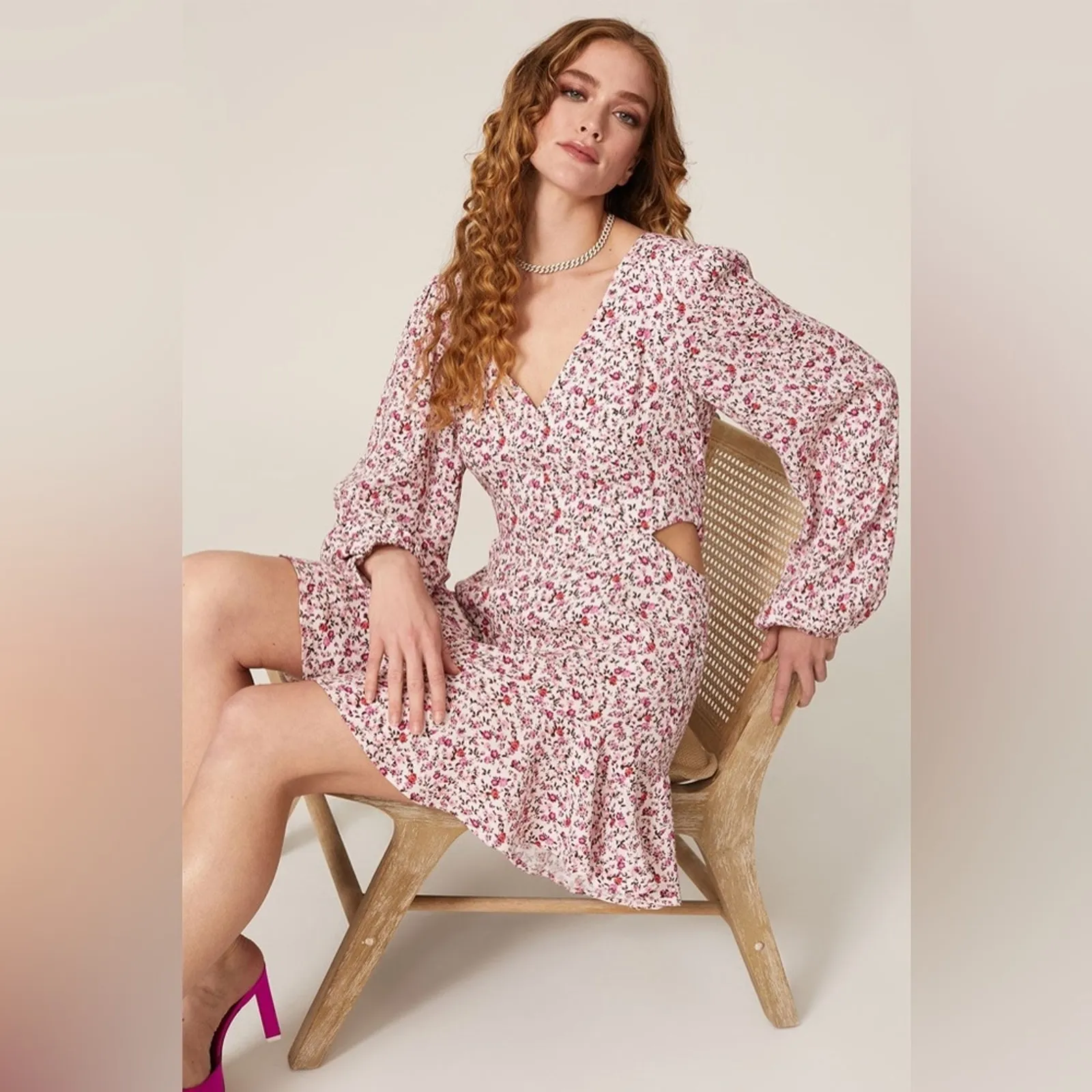 AFRM Monna Pink Floral Long Sleeve Cutout Flounce Hemline Mini Dress SMALL - Image 3