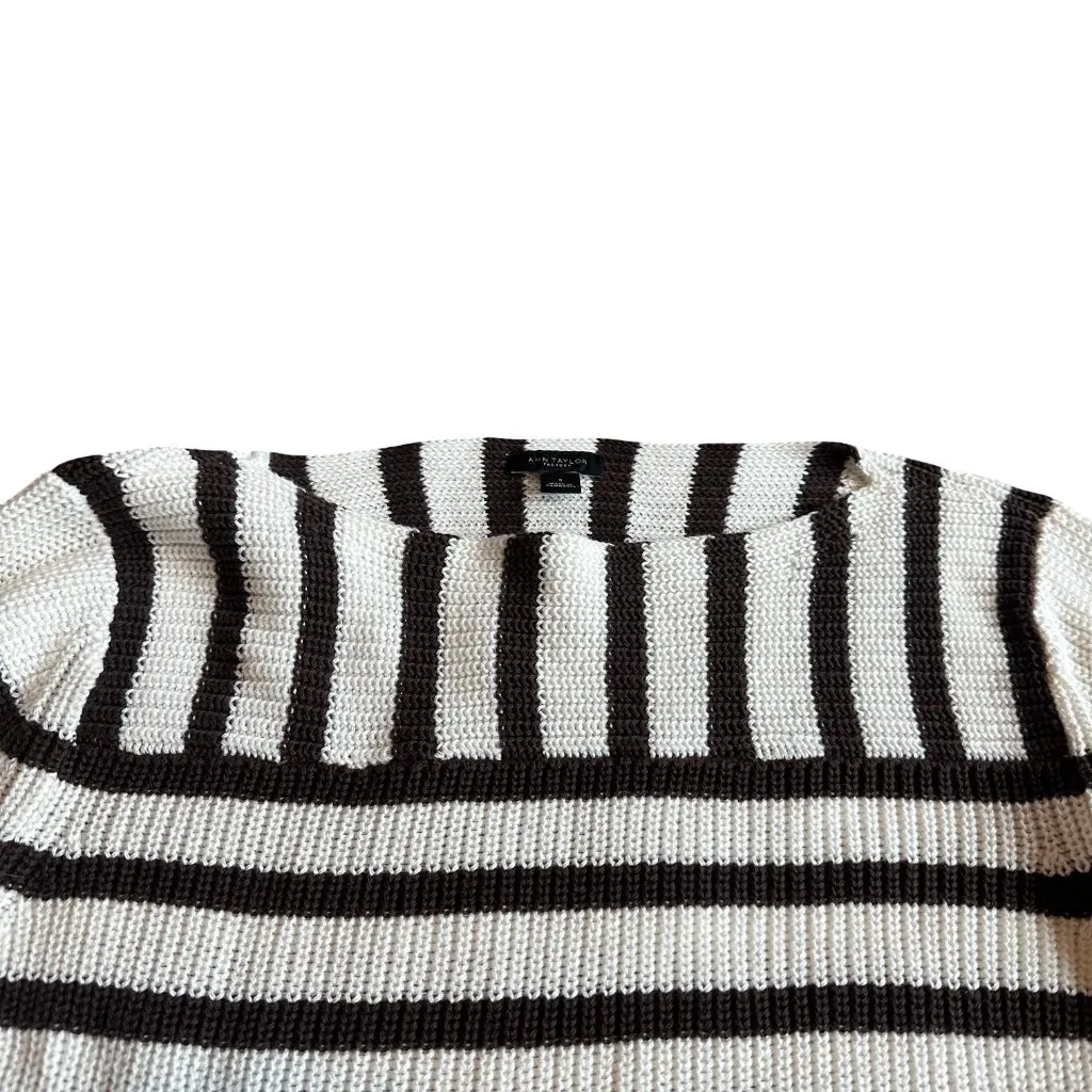Ann Taylor Brown White Stripe Short Sleeve Sweater Pullover Stretch Woven Small - Image 2