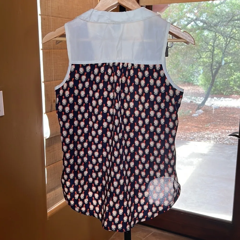 Vintage Metallic Sky Navy Blue Orange Bird Blouse Size Medium - Image 6