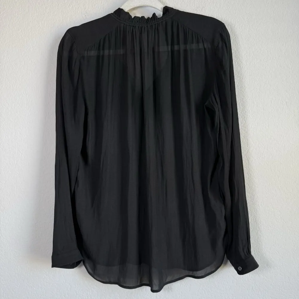 Loft Women's Small Sheer Long Sleeve Smocked‎ Tie Neck Blouse Black Casual - Image 2