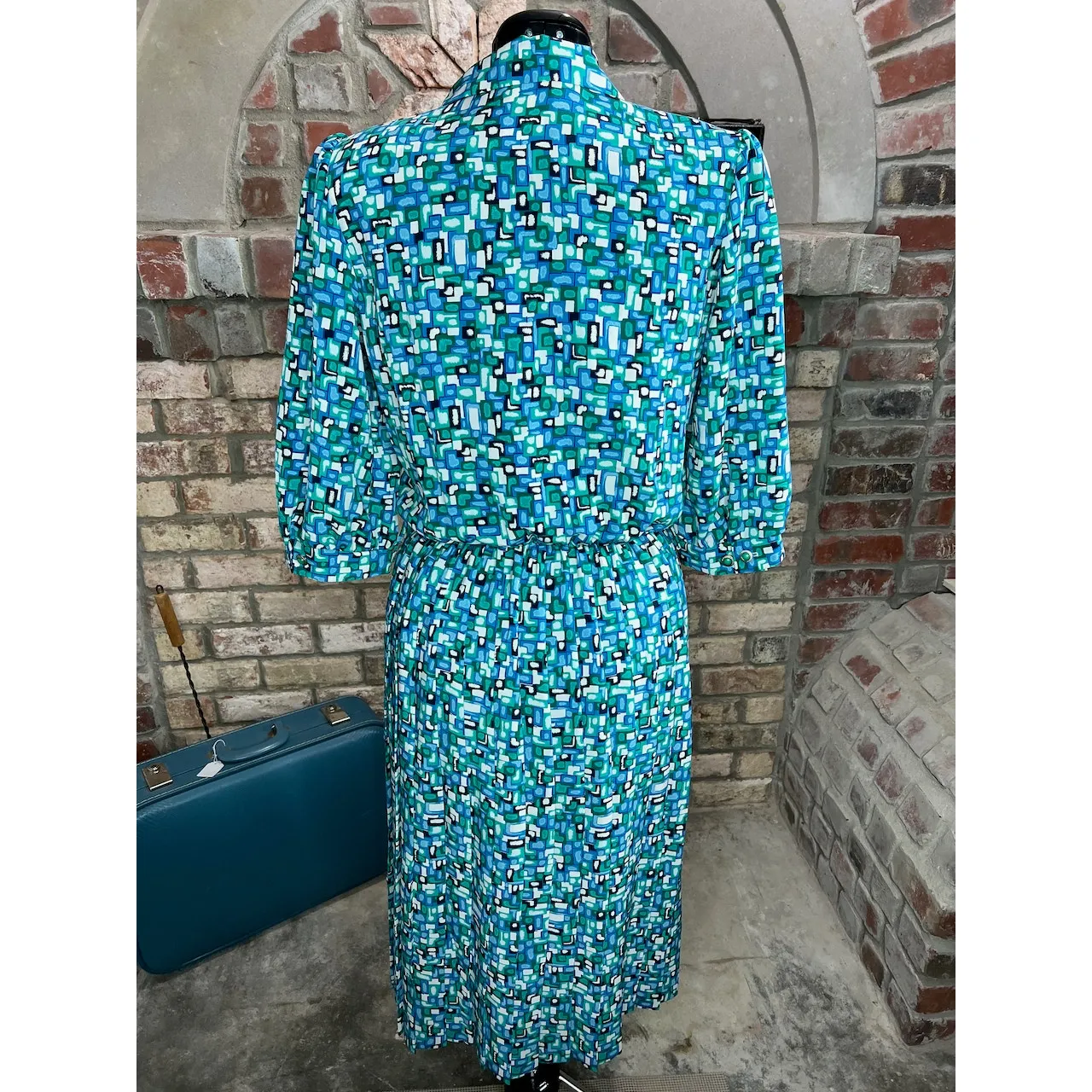 shirt dress geometric matching belt green blue white Size 12 - Image 3