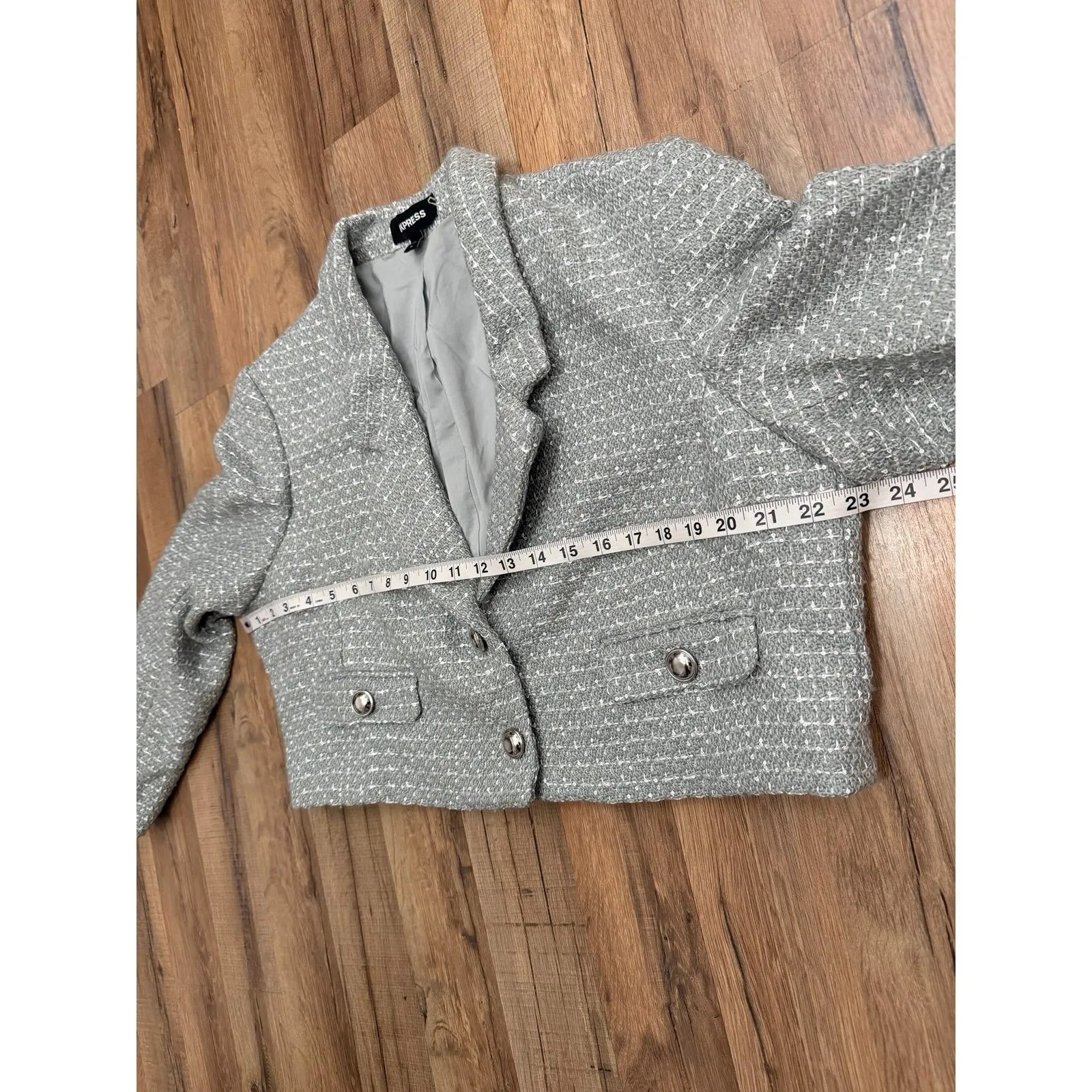 Express Cropped Tweed Jacket Blazer Gray Silver Button Wool Blend Size XL - Image 7