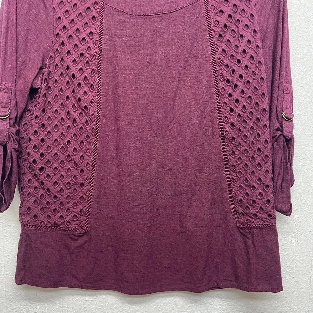 Skies Are Blue 100% Linen Womens Eyelet Coastal Girl Workwear Woven Top Medium - Image 4