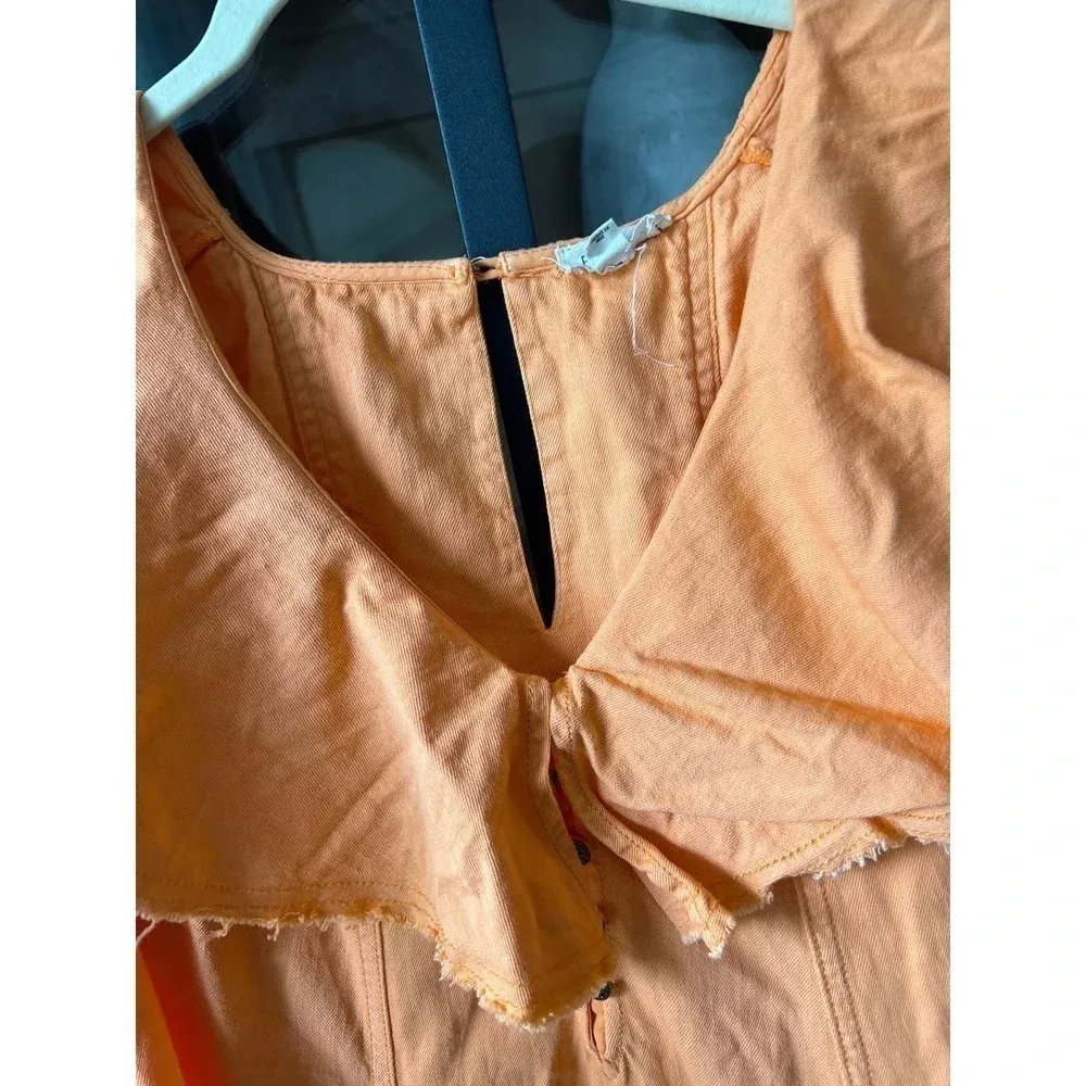 Pilcro Ruffle Dress neon orange coral Vneck shift mini pockets buttons - Image 10