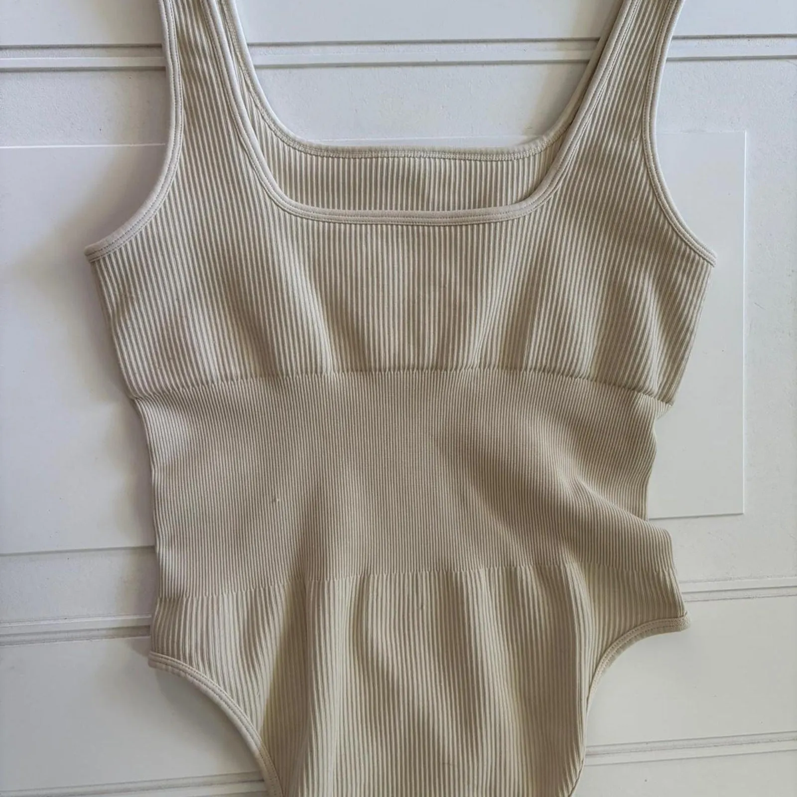 Neutral Ribbed Seamless Medium Bodysuit Top‎ | Capsule Wardrobe Essential Beige Tan - Image 2