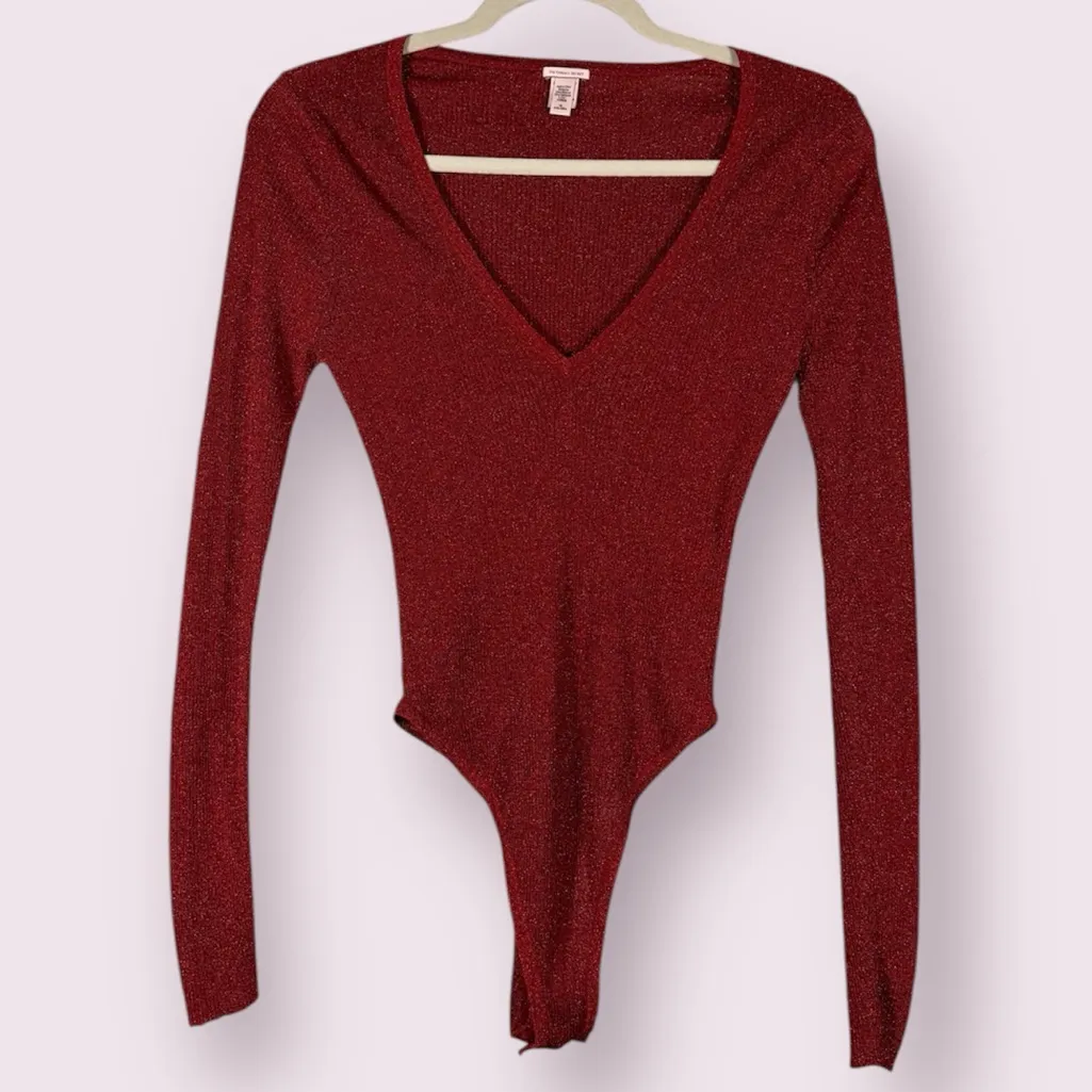 Victoria’s Secret Metallic Sparkly Red Long Sleeve Bodysuit Medium - Image 2