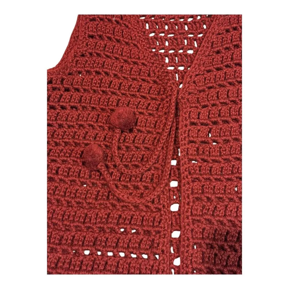 American vintage handmade crochet sleeveless wine vest, pom pom tie size small - Image 7