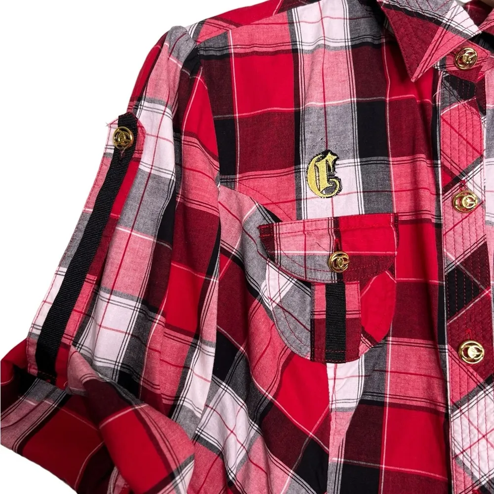 COOGI Button Down Shirt Roll Tab Long Sleeves Red Black Plaid Elastic Waist Sz L - Image 3