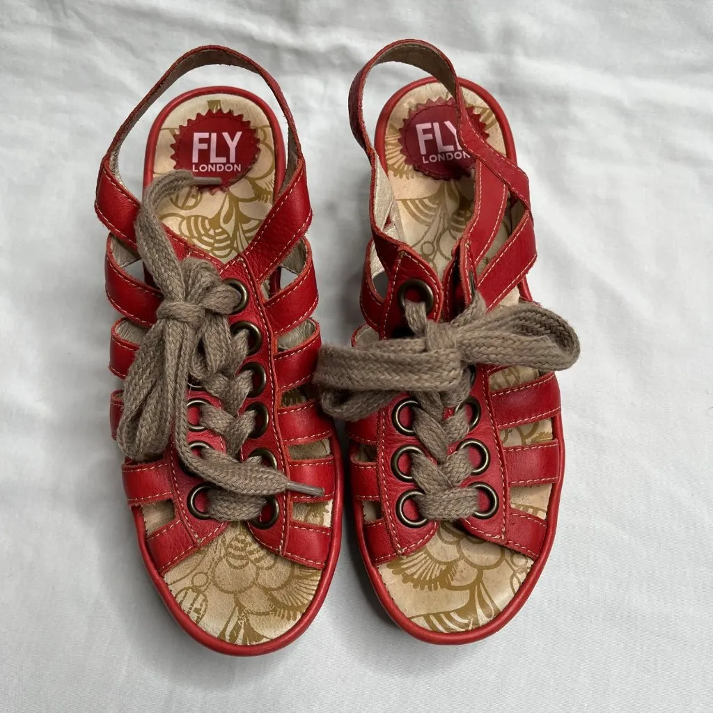 Fly London Yito Red Leather Lace Up Wedge Sandal Shoes EU 37 - Image 6