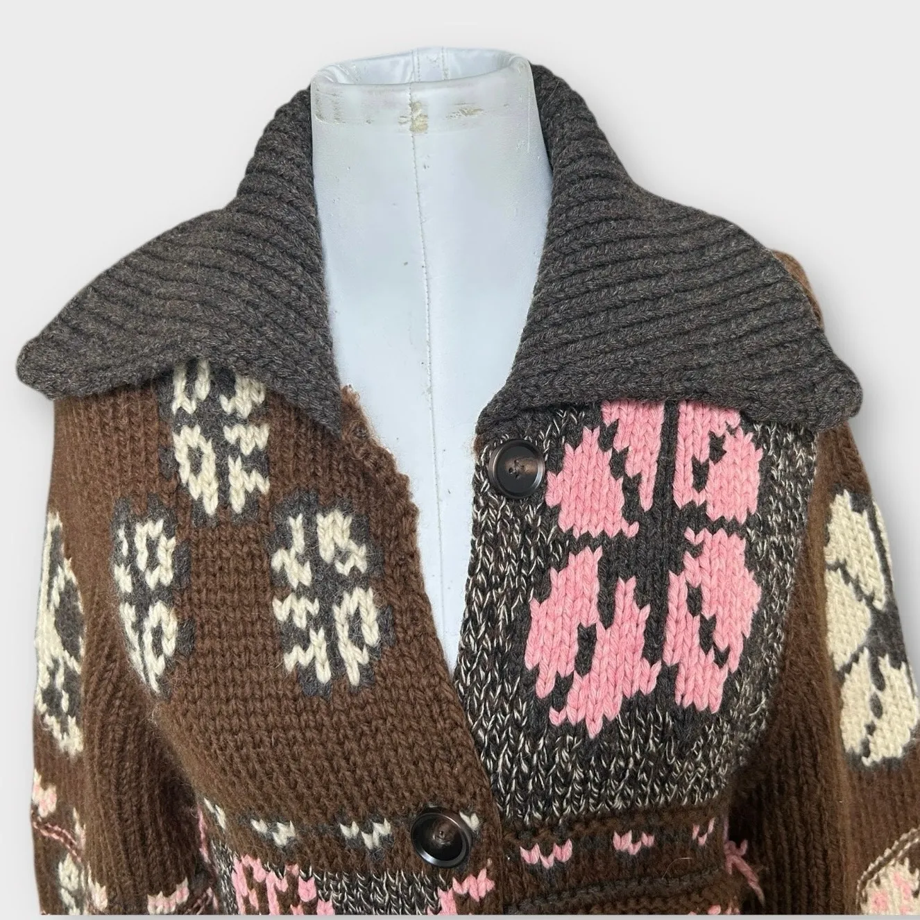 Vintage Y2K Lucky Maxi Chunky Knit Wool Sweater Coat w/ Fringe – Brown S/M Boho - Image 8