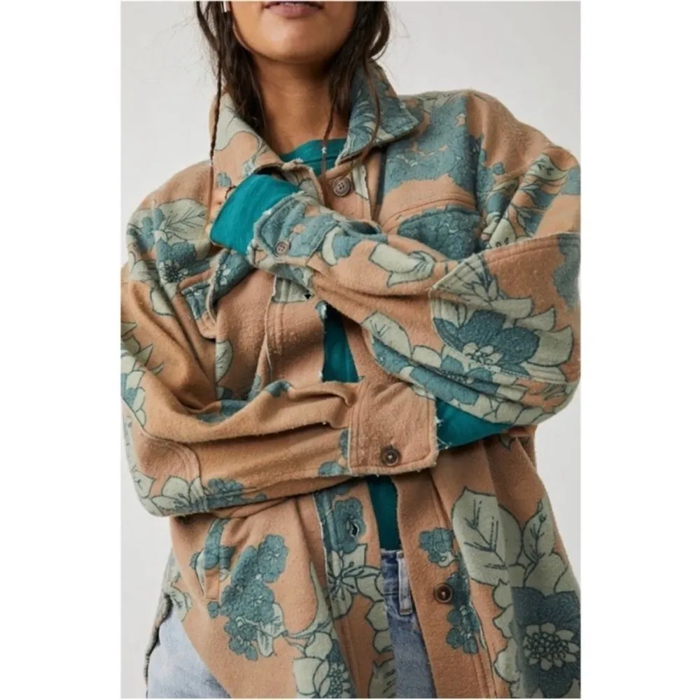 Free People Ruby Jacket Tan Blue Shacket Distressed Mazipan Button Down Floral - Image 2