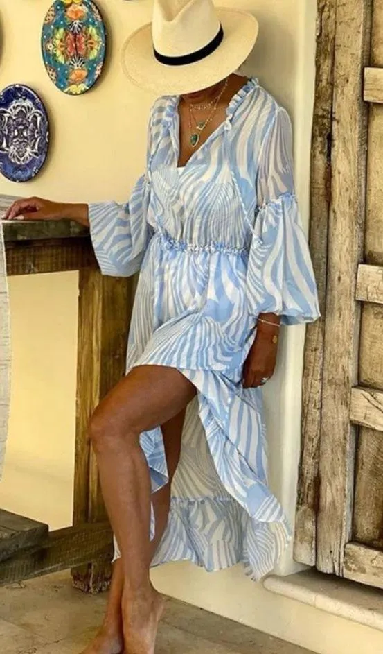 NEW MISA Los Angeles Amata Swirl Print Maxi Dress Blue White Tassels Sz XS - Image 5