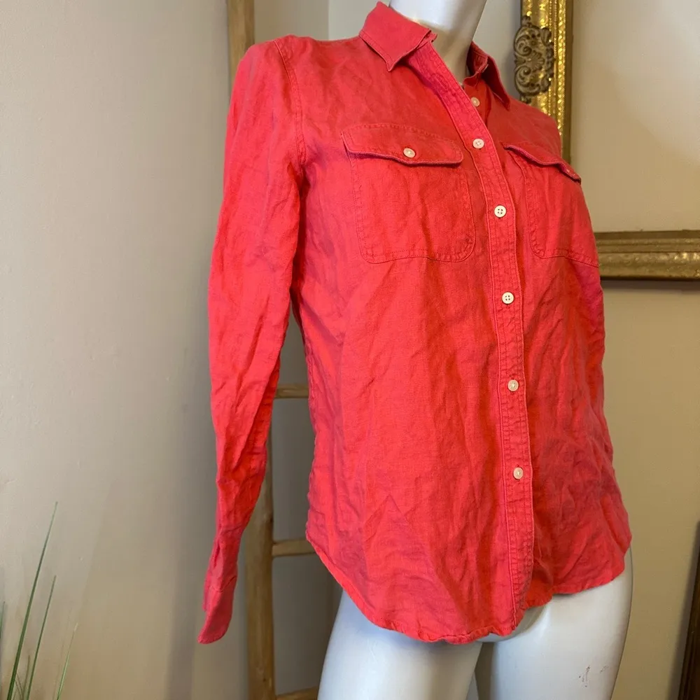 Lauren Ralph Lauren Shirt Small 100% Linen Button Up Long Sleeve Red/Orange - Image 2