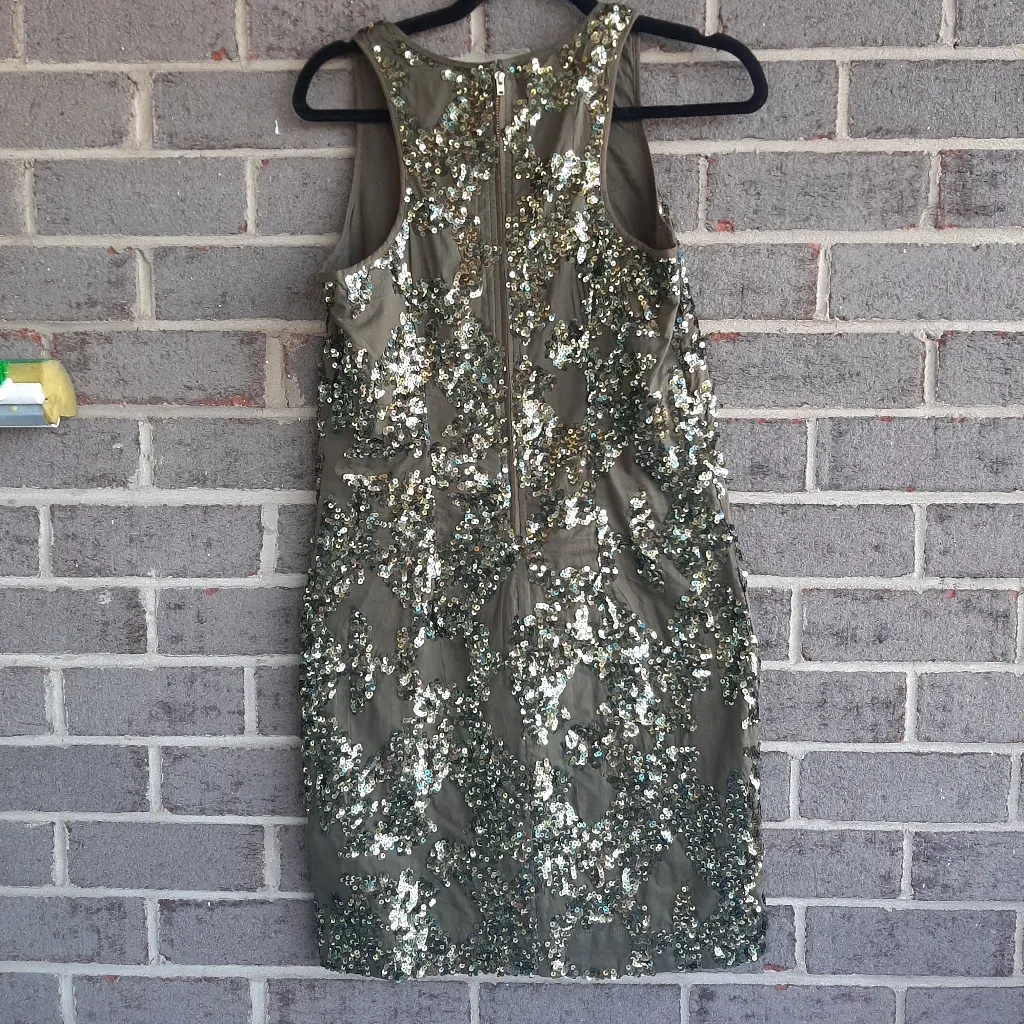 J.Crew Iridescent Sequin Shift Mini Dress Olive Green Size 00 100% Cotton - Image 3