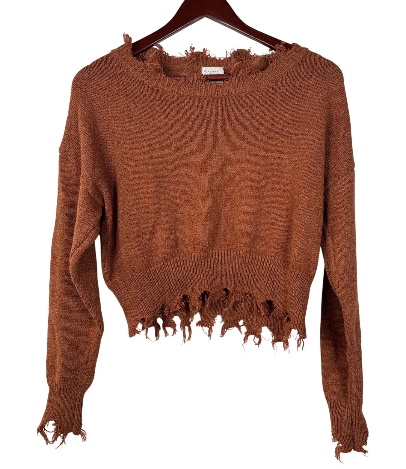 Dreamers by Debut XS Frayed Rust Orange Distressed Crop Sweater Boho Cropped Brown - Image 1
