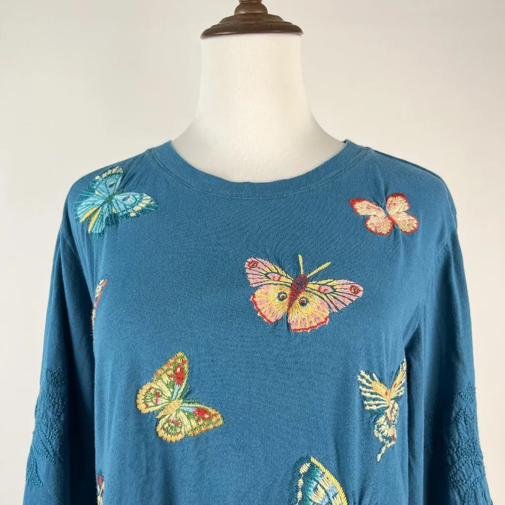 Johnny Was Embroidered Butterfly Tee T-Shirt Blue Cotton Size S - Image 3