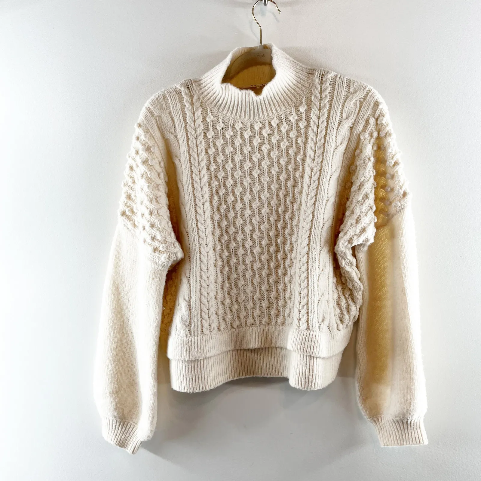 Frame Nubby Long Sleeve Popcorn Knit Tiered Pullover Sweater Cream Small - Image 7