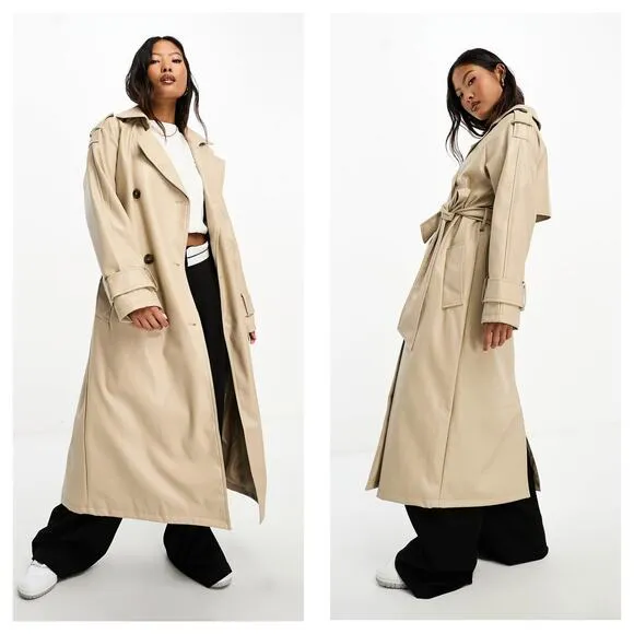 ASOS DESIGN Tan Faux Leather Trench Coat Size 12 Long Preppy Chic Minimalist - Image 2