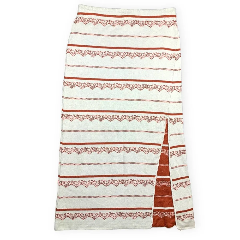 Free People Nordic Stripe Sweater Knit Midi Pencil Skirt Orange Cream Medium - Image 2