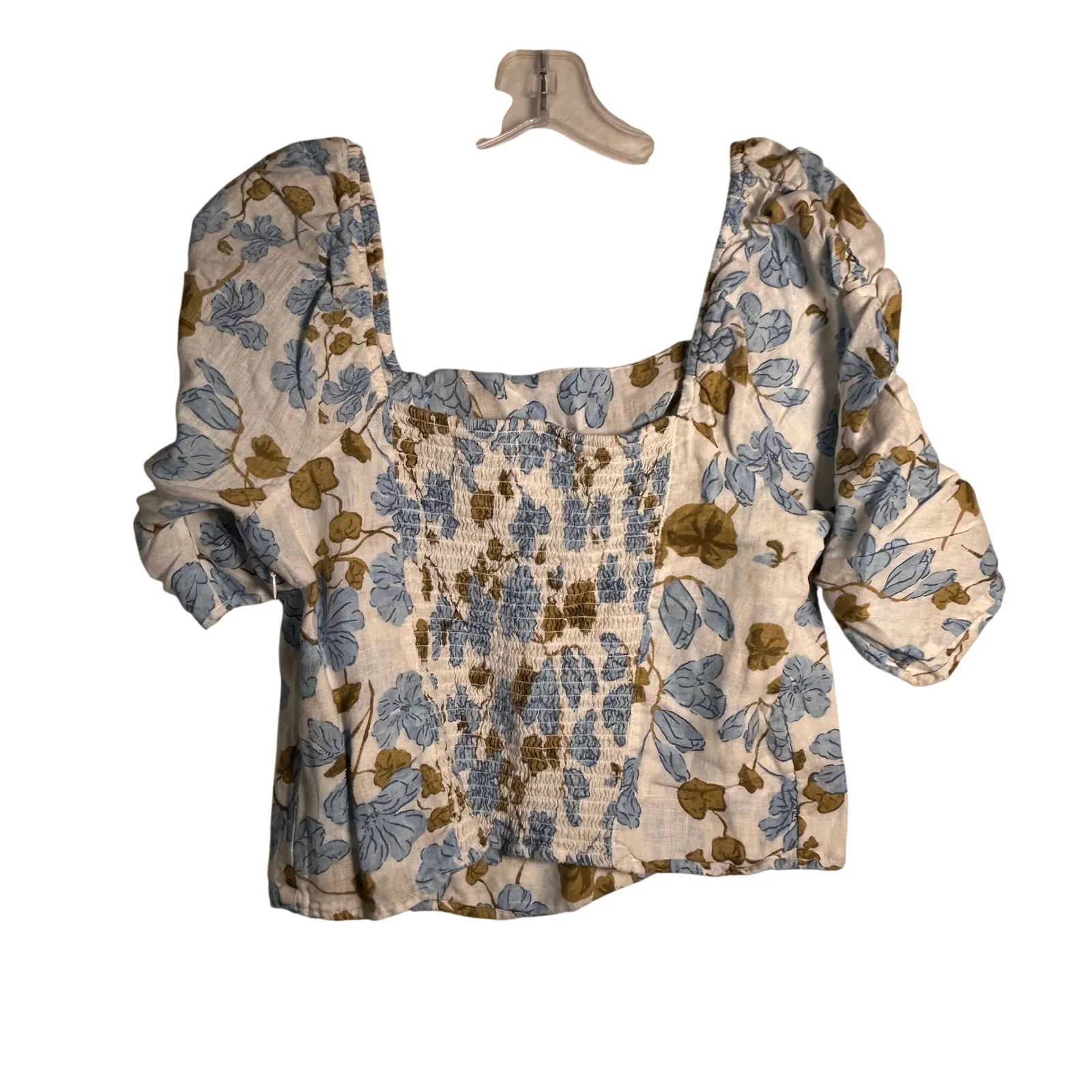 Joie Linen Floral Square Neck Smocked Puff Sleeve Cropped Top Women L - Image 2
