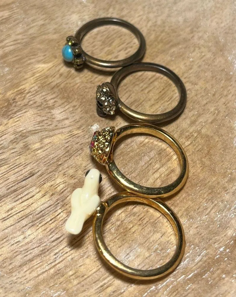 Betsey Johnson Bird, Heart, Skull & Turquoise Flower Ring Set RARE - Image 6