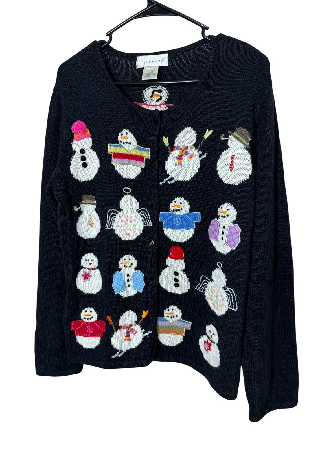 Susan Bristol Black Snowman Embroidered Button Front Cardigan Sweater Size L - Image 1