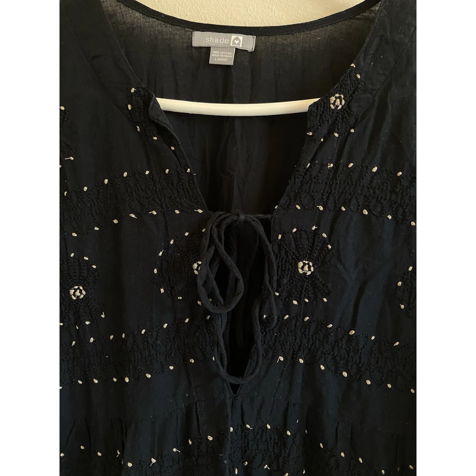 Shade Amour Black Embroidered Floral Vneck Tie‎ Front Cotton Dress Boho Large - Image 6